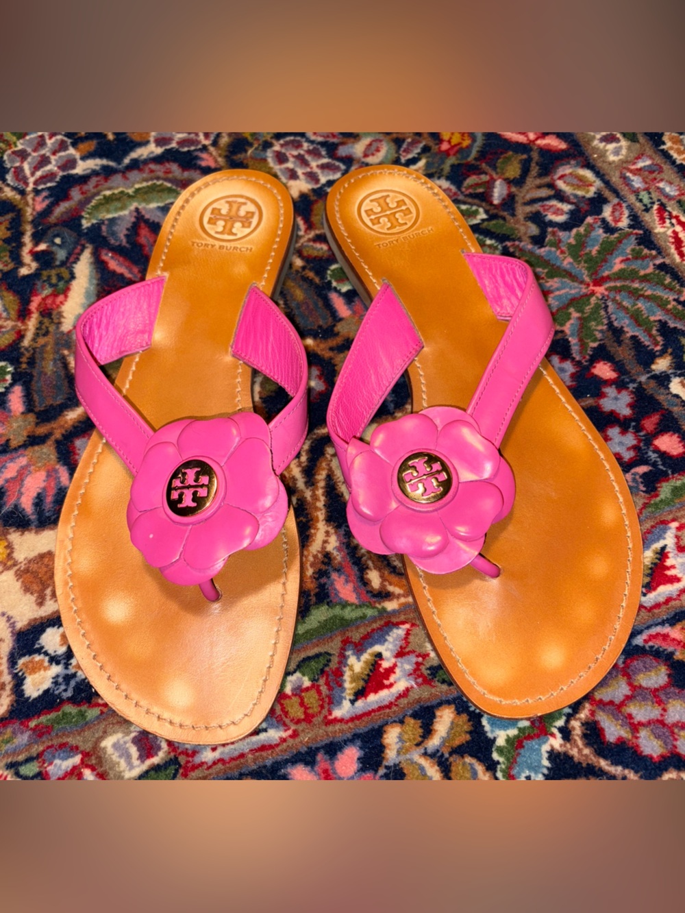 Tory Burch Pink Leather Breeley Floral Flip Flop Sandals 10 M - Picture 1 of 5